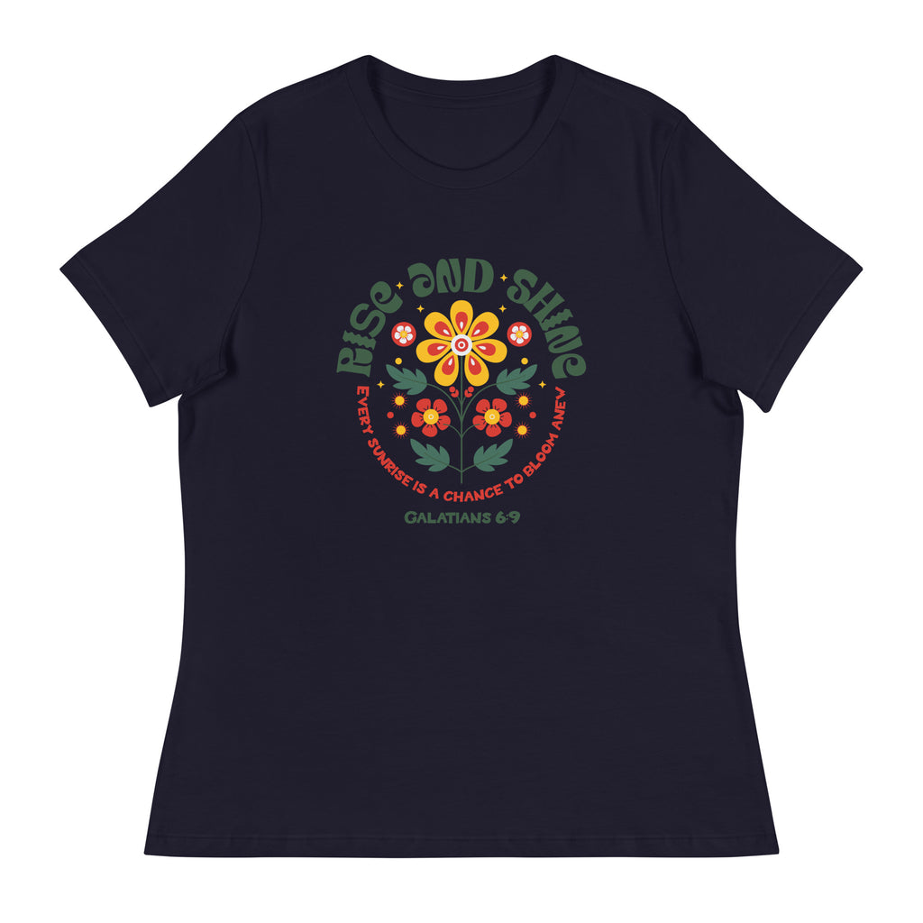 "Women's t-shirt with 'Rise and Shine' Galatians 6:9 Bible verse floral design"