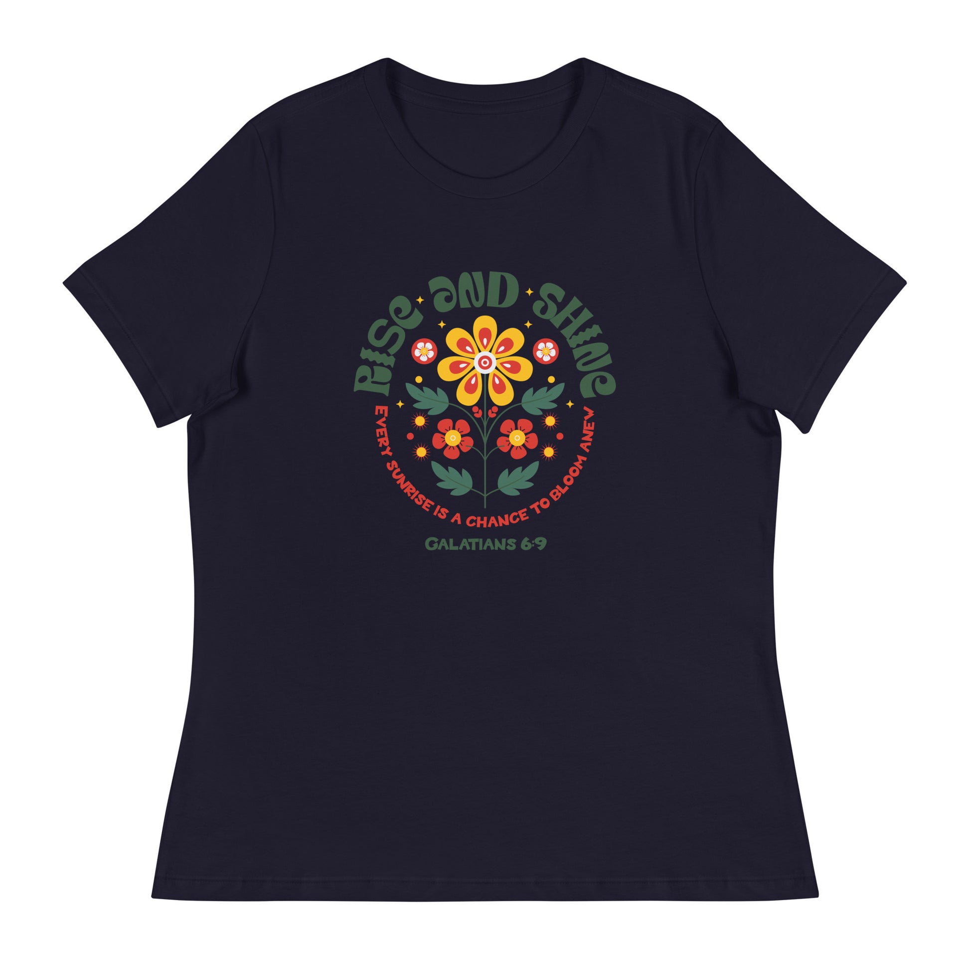 "Women's t-shirt with 'Rise and Shine' Galatians 6:9 Bible verse floral design"