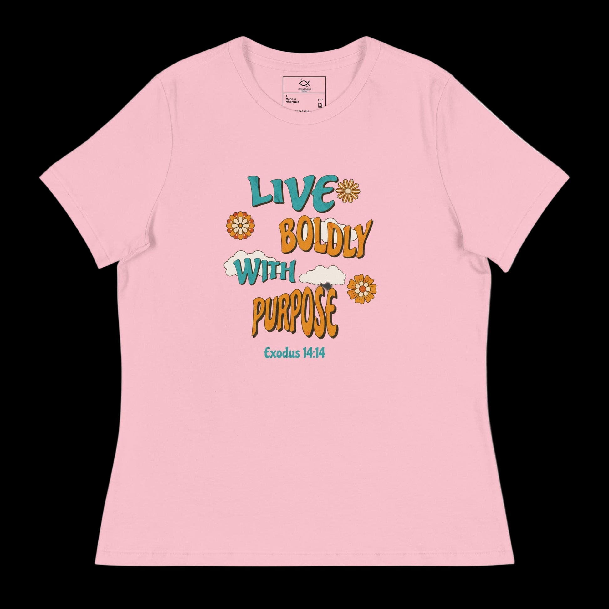 "Women's t-shirt with 'Live Boldly With Purpose' Exodus 14:14 Bible verse floral design"