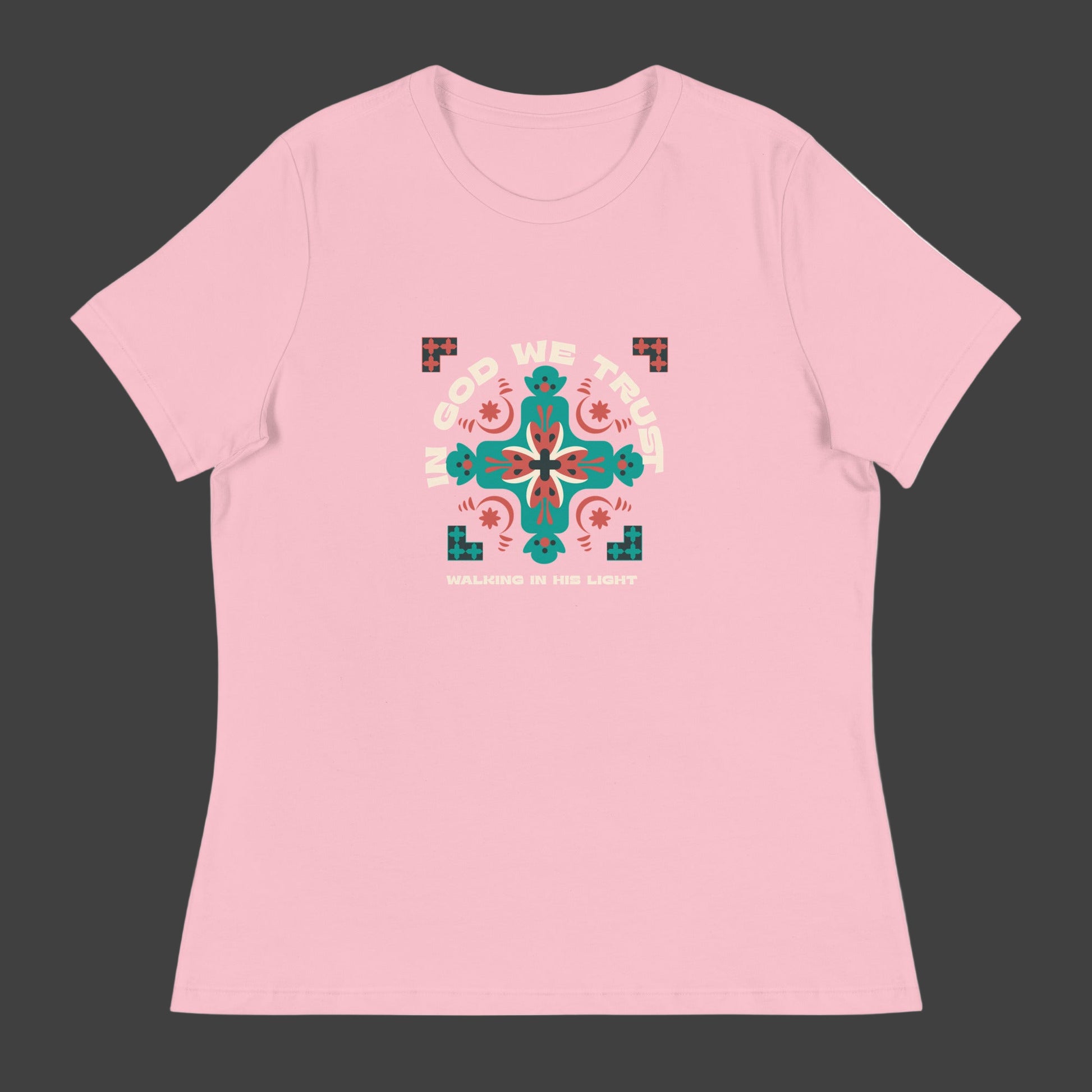 "Women's t-shirt with 'In God We Trust' Walking in His Light cross design"