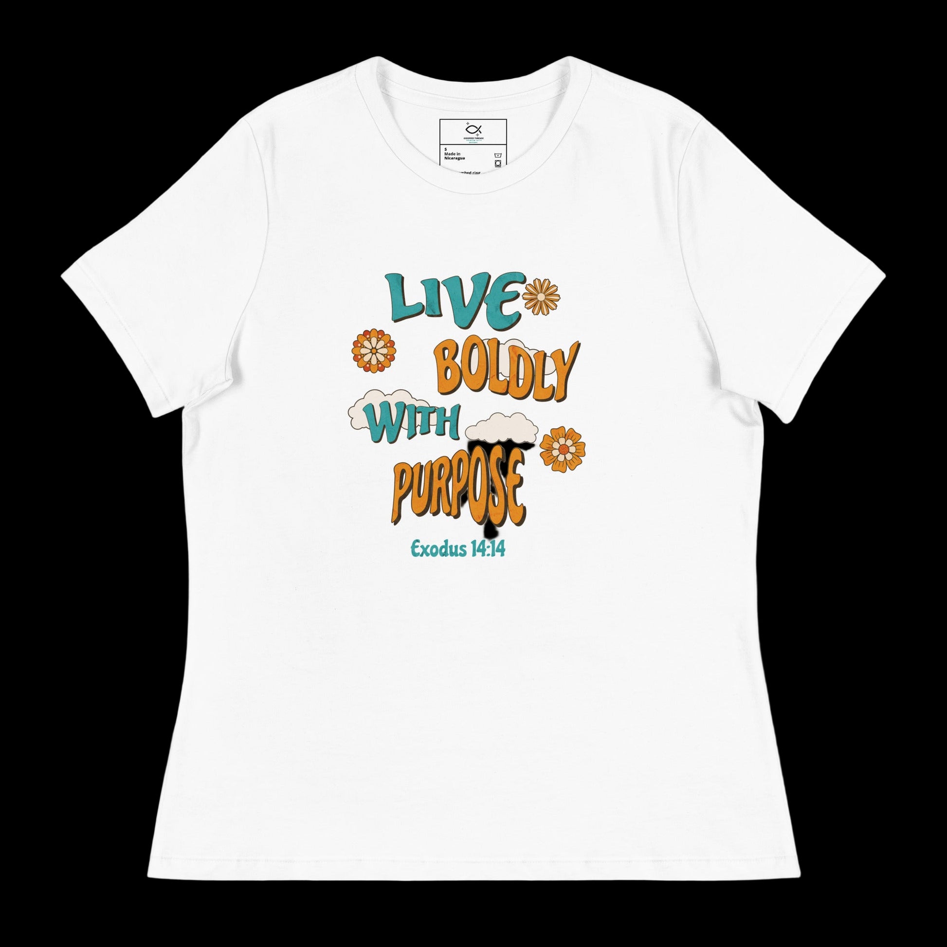 "Women's t-shirt with 'Live Boldly With Purpose' Exodus 14:14 Bible verse floral design"