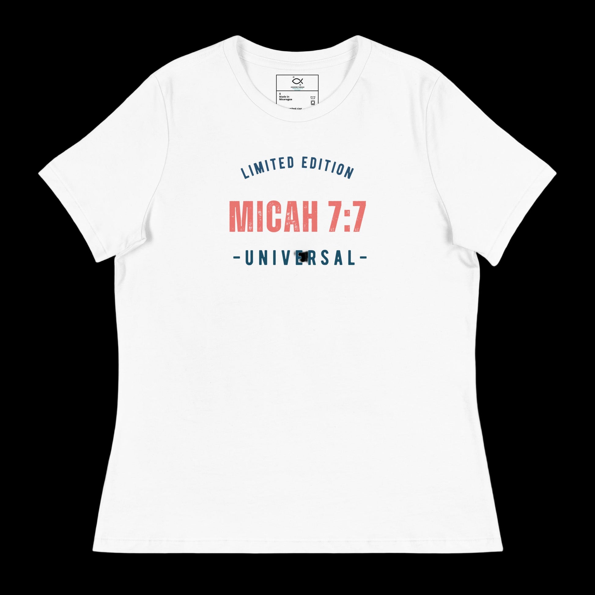 Women's navy relaxed fit t-shirt with Micah 7:7 Universal limited edition graphic